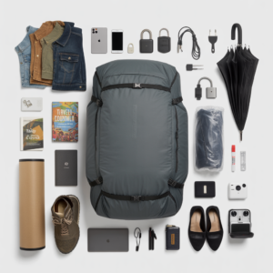 An image of various travel items and a travel backpack