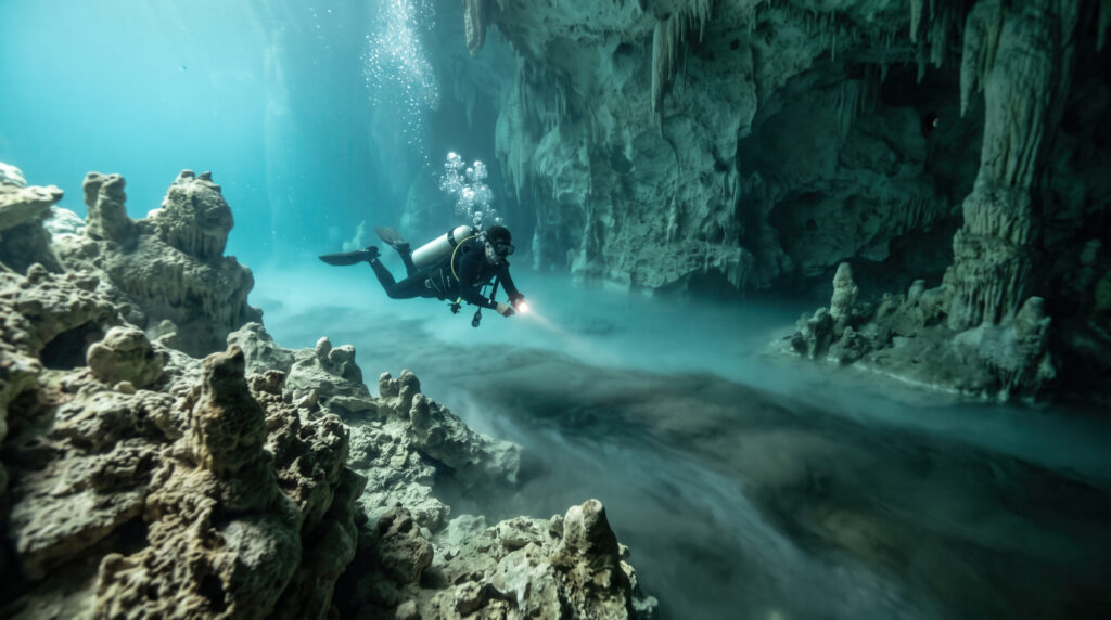 A scuba diver in cenote dos ojos, swimming by stalagmites in crystal clear blue water