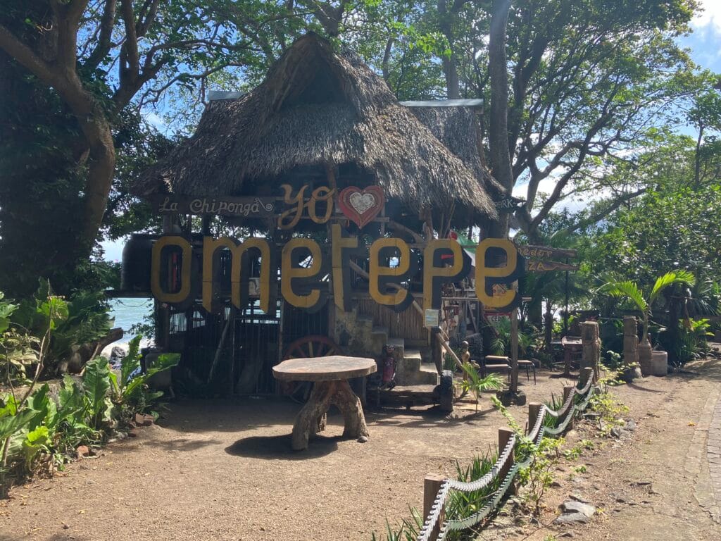 A restaurant with a huge Ometepe sign on Ometepe Island in Nicaragua