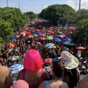 Overlooking a huge parade in Rio de Janeiro during Carnival