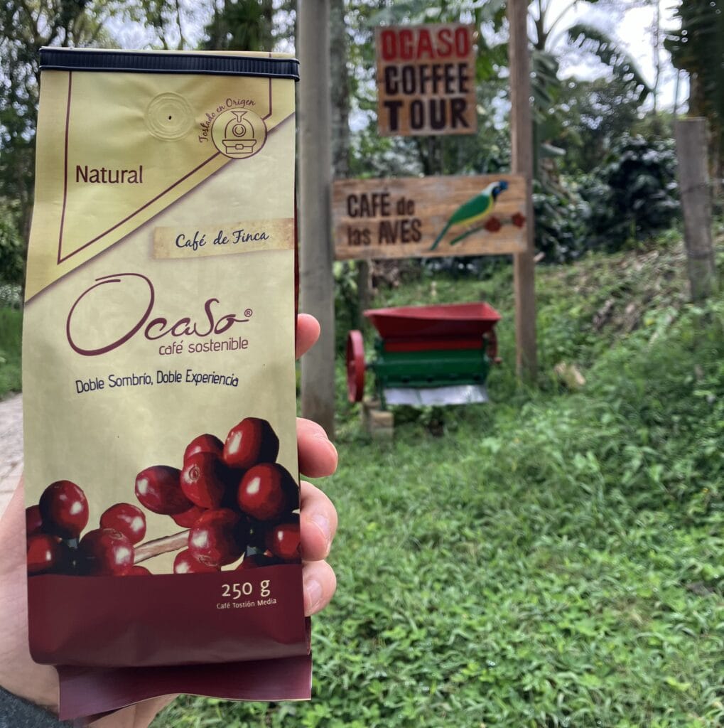 A sealed bag of premium Colombian coffee beans from Finca Ocaso, a coffee farm in Salento, Colombia