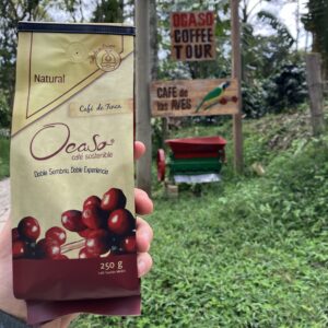 A sealed bag of premium Colombian coffee beans from Finca Ocaso, a coffee farm in Salento, Colombia