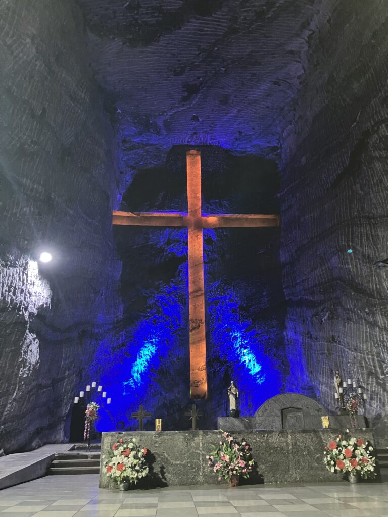 A gigantic cross inside the Salt Cathedral of Zipaquirá near Bogotá, Colombia