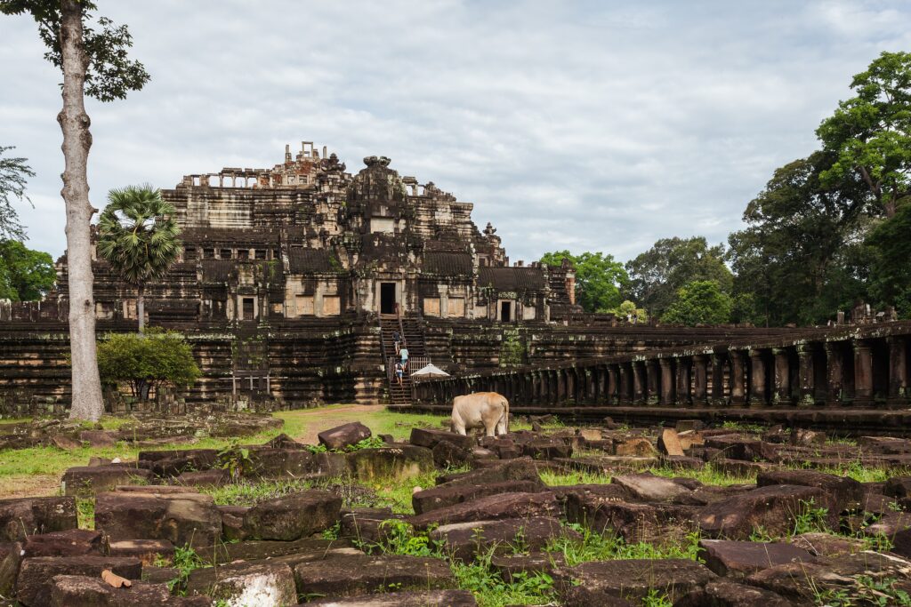 Ancient Baphuon temple ruins surrounded by trees and greenery in Angkor Archaeological Park