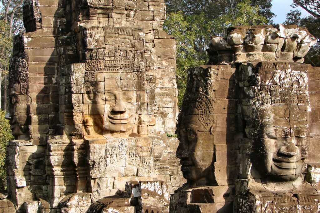 Giant stone faces at Bayon temple in Angkor, Cambodia
