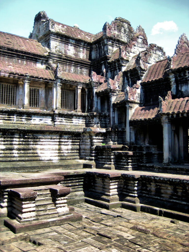 Interior stone passage inside Angkor Wat temple in Cambodia