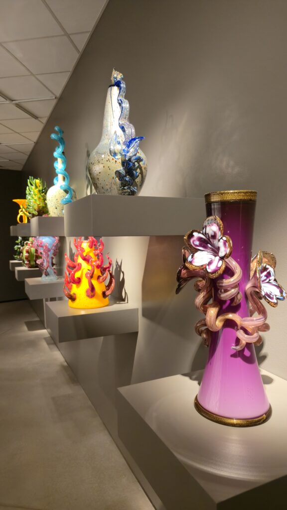 Intricate glass vases by Dale Chihuly for CHIHULY at Meijer Gardens in Grand Rapids, Michigan