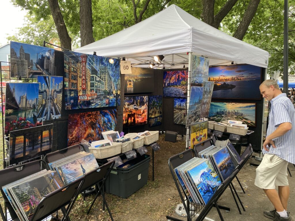 A selection of paintings at a neighborhood art and literature fair in Chicago