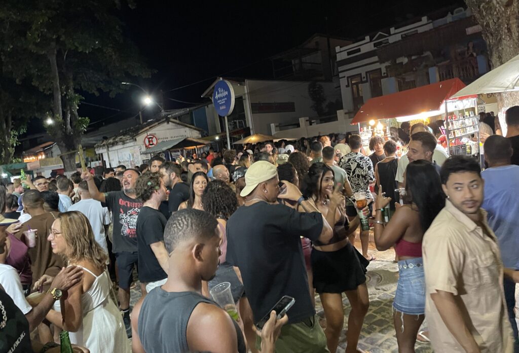 A street samba party at night in Itacaré, Brazil