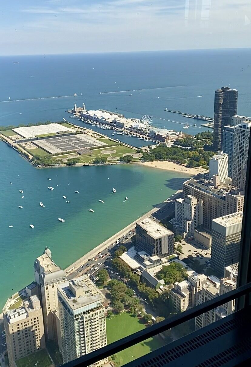 A view of a pier in lake Michigan from 360 Chicago oversvation deck