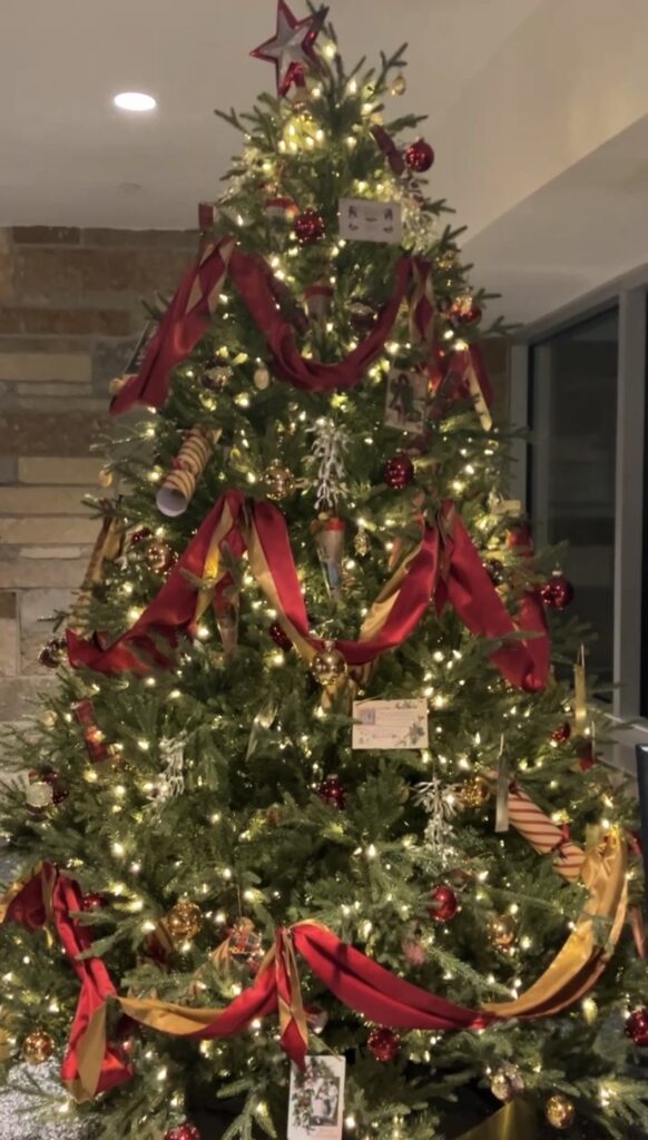 A large Christmas tree with red ribbons and ornaments at Meijer Gardens in Grand Rapids, Michigan