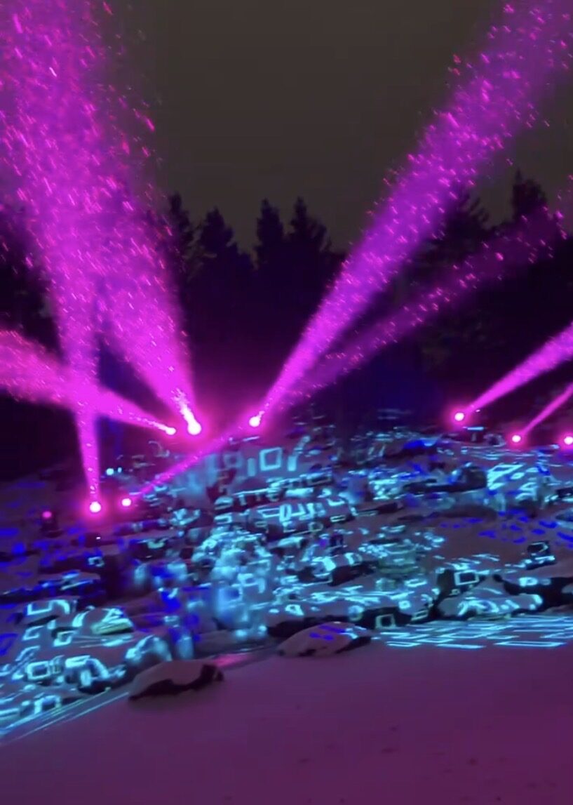 Purple land blue lights outside