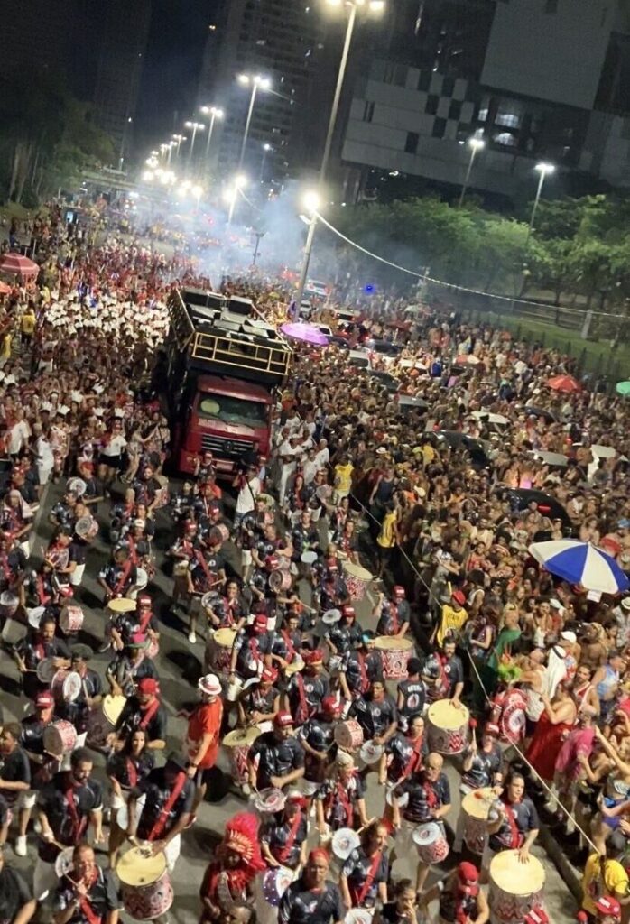 A huge party with a marching band in the street of Rio de Janeiro for Carnvial