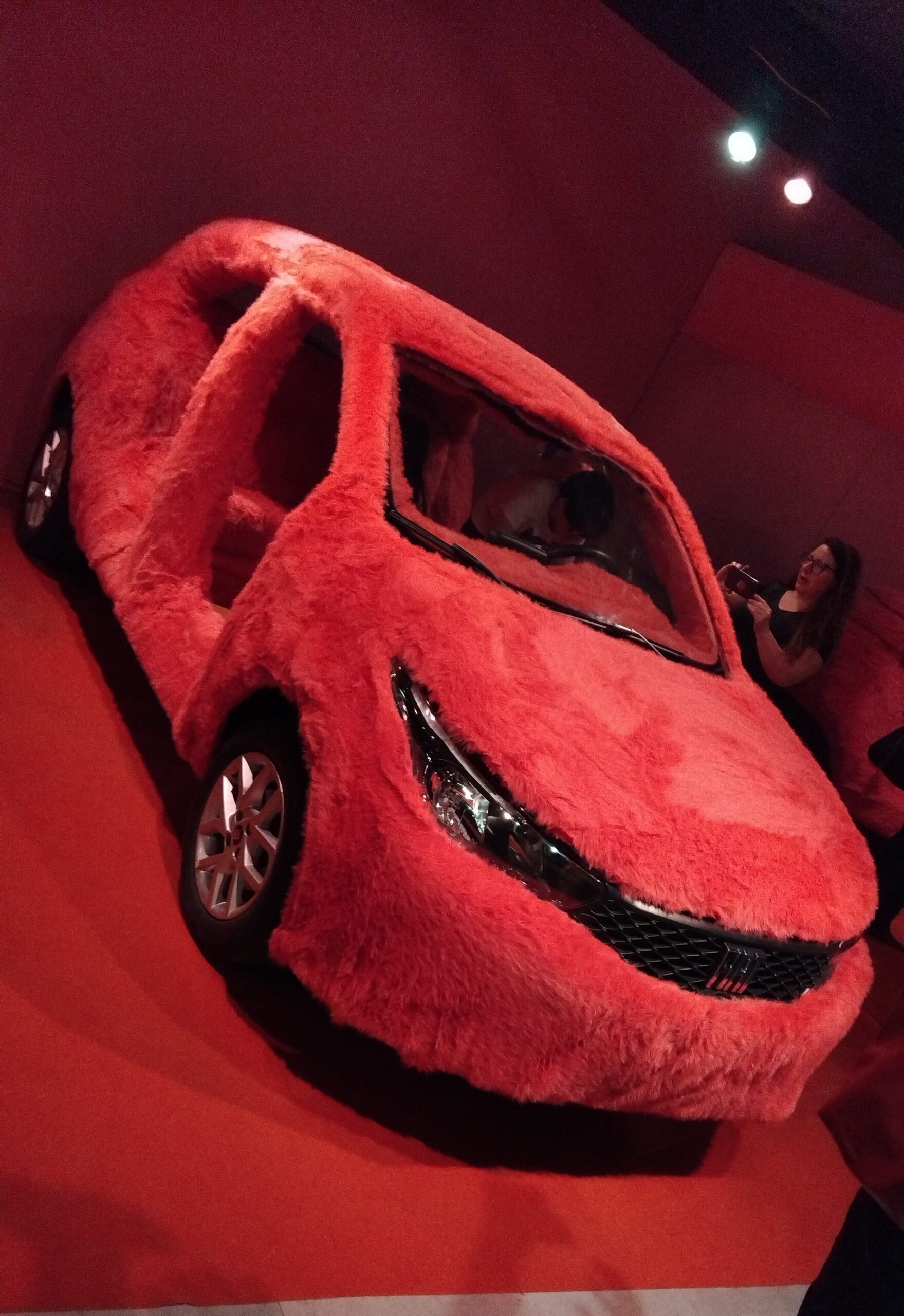 A Fiat car cover is red velvet at the Fiat museum in Belo Horizonte, Brazil