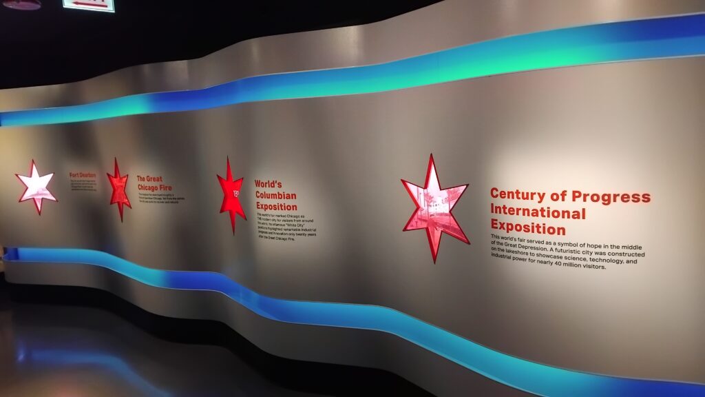 A lifesize Chicago flag, showing the meanings of the 4 stars on the flag