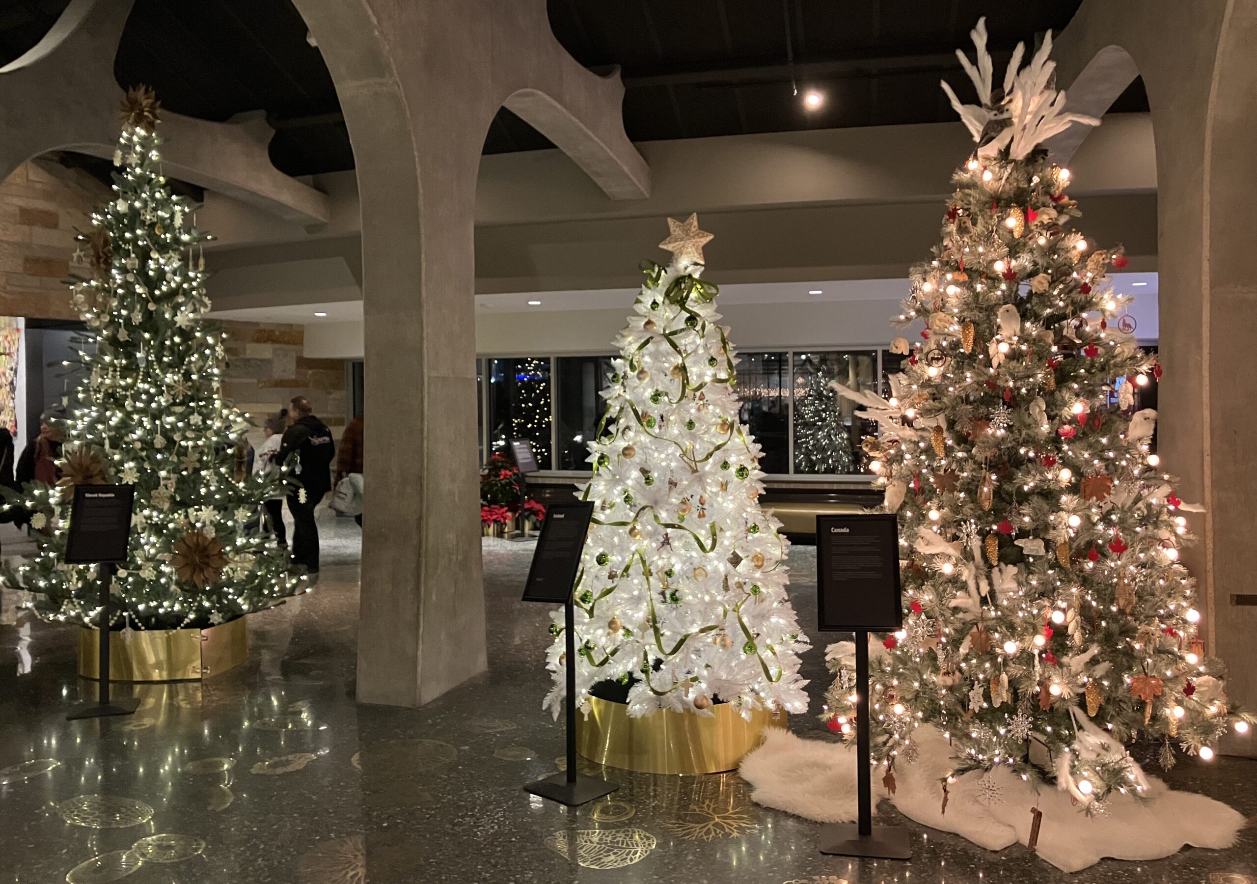 Three decorated Christmas trees at Meijer Gardens in Grand Rapids, Michigan