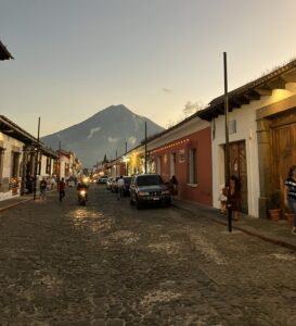A quiet street in Antigua, Guatemala during sunset