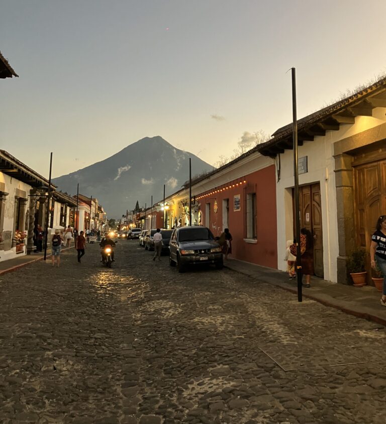 A quiet street in Antigua, Guatemala during sunset