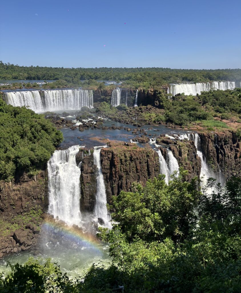 Multiple waterfalls and cascades at Iguazu Falls in Brazil